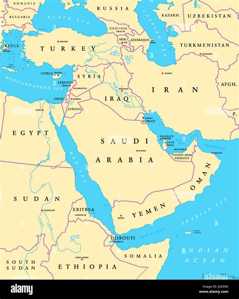 Middle East political map with capitals and national borders Stock ...