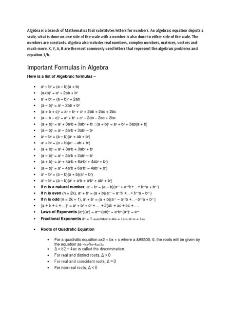 Important Formulas in Algebra: Here Is A List of Algebraic Formulas | Download Free PDF ...