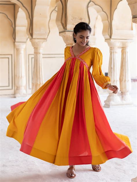 Saffron Peach & Mustard Cotton Dress – Ragavi
