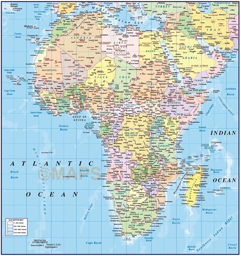 Digital vector map of Africa region, political with Ocean contours, in illustrator and PDF formats