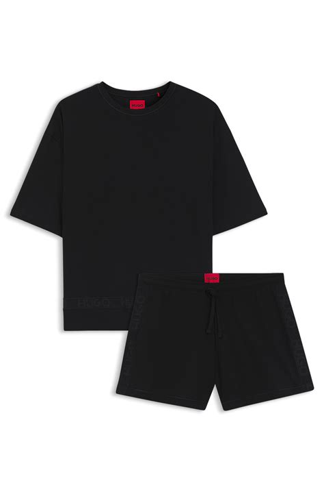 HUGO - Stretch-cotton pyjamas with mesh logo inserts - Black
