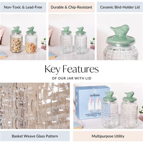 Set Of 2 Glass Jars With Green Bird Lid 1300ml Online - Premium Jar ...