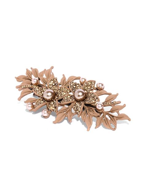 Matte Finish Stones And Pearls Studded Floral Brown Hair Clip – Priyaasi
