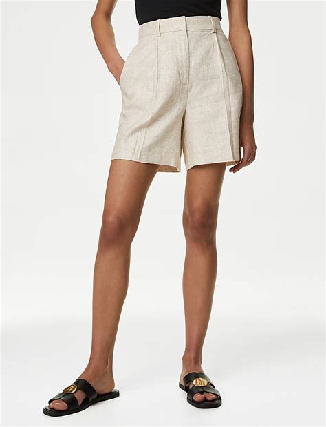 Buy Linen Blend High Waisted Pleat Front Shorts at Marks & Spencer