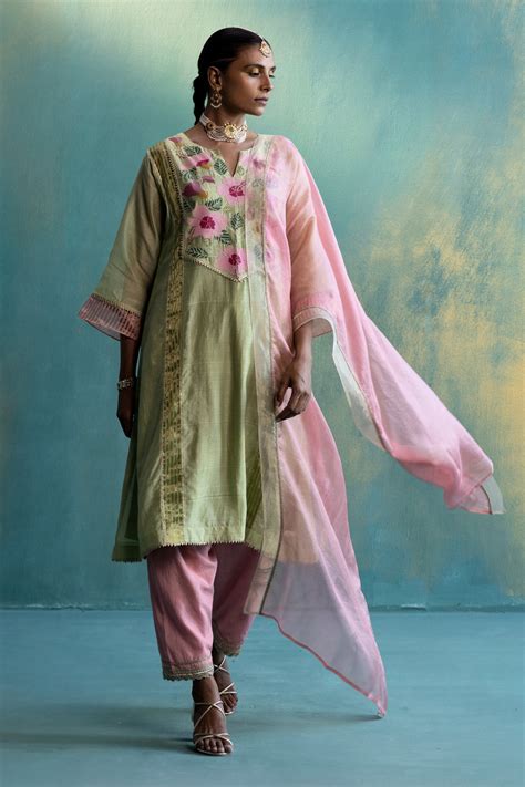 Dil-kash Olive Green Yoke Floral embroidery Choga
