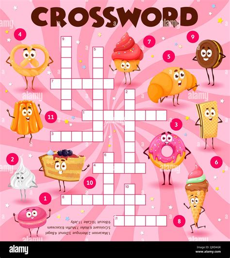 Cartoon bakery sweets and dessert characters, crossword puzzle game ...