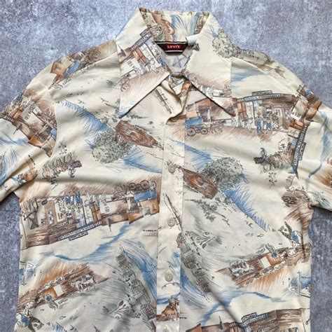 70's 70s Levi's ポリシャツ リーバイス 総柄シャツ 西部開拓時代柄 襟芯入り 三角タグ USA製 米国製 ヴィンテージ ...