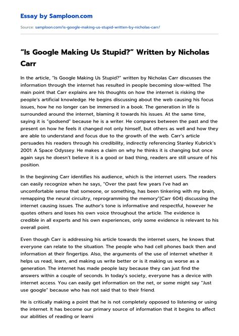 ≫ “Is Google Making Us Stupid?” Written by Nicholas Carr Free Essay ...