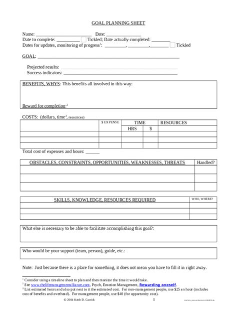 Goal Planning Sheet - Blank Fillable Template | Fill Out, Print ...