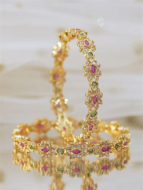 Rubans Set of 2, 22K Gold-Plated Ruby Pink & Emerald Green Stone Studd