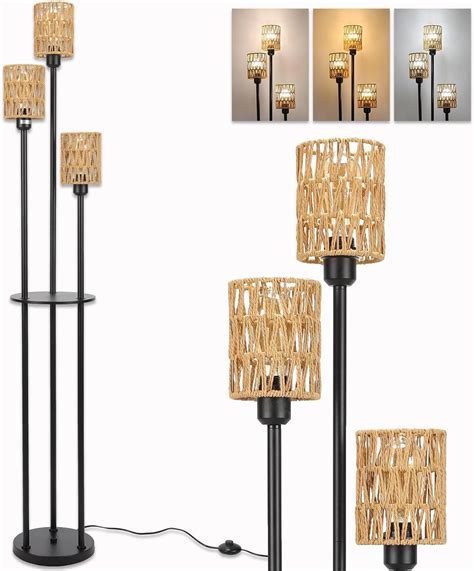 Boho Rattan Floor Lamp for Living Room with Shelves, 3 Lights Farmhouse ...