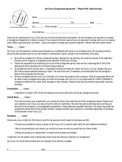 Fillable Online Consignment Agreement for Furniture and Decorative ...