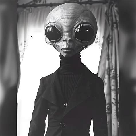 Arafed alien in a suit and glasses standing in front of a curtain ...