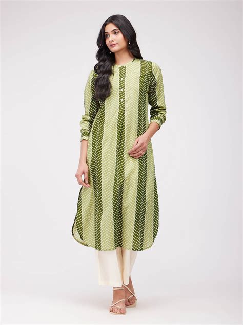 Buy Olive Cotton Leaf Striped Kurta Set Online | Pink Fort – Pink Fort ...