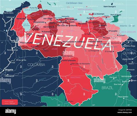 Venezuela country detailed editable map with regions cities and towns, roads and railways ...