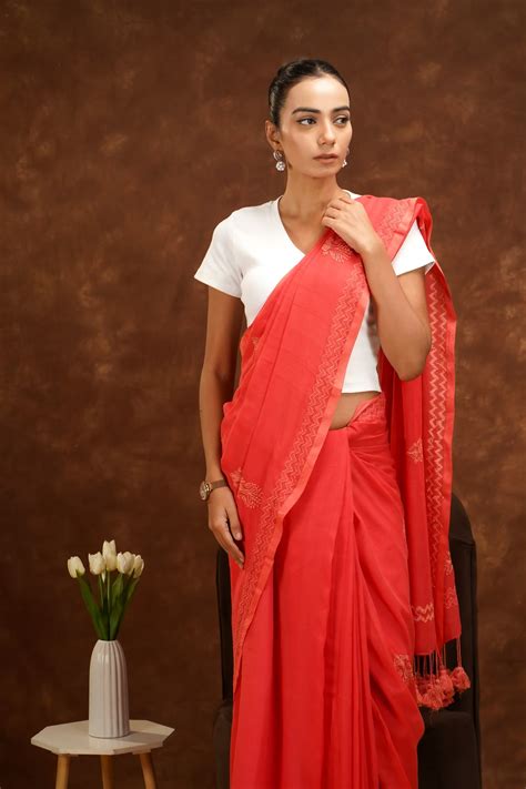 Buy Online Women Chikankari Saree|Coral Pink|COD available – Shwet Artistry