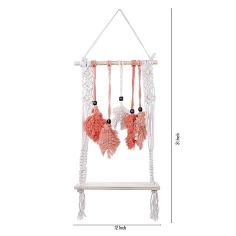 Indoor Boho Macrame Hanging Wall Shelf with Orange Feathers and Wooden ...