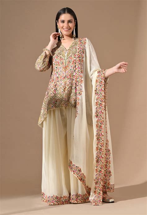 Cream Chinon Sharara Set with Pearl & Zari Work – Zarikali