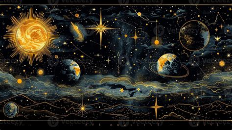 A detailed outline drawing of celestial bodies and stars. 46239167 ...