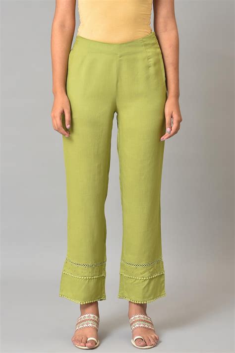 Buy Nile Green Straight Pants With Lace Online for Woman | WforWoman