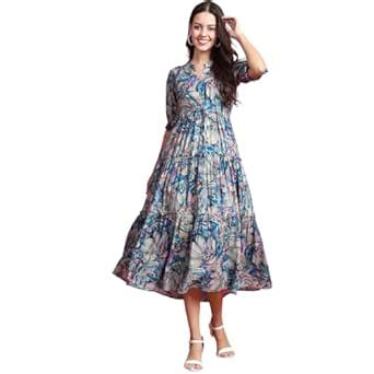 Buy Claura Women Blue Floral Printed Mandarin Collar Tiered Cotton ...