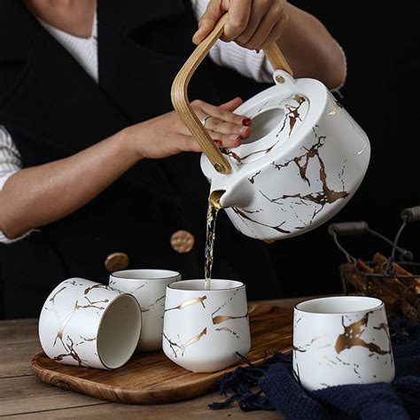 Buy Ceramic - Tea Set - White Matte Marble with Gold Inlay + 4 Mugs ...