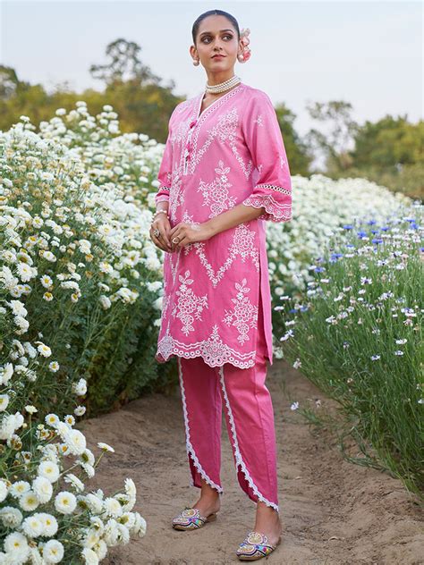 Pink Ombre Schiffli Embroidered Floral Cotton Co-ord Set – Heeposh