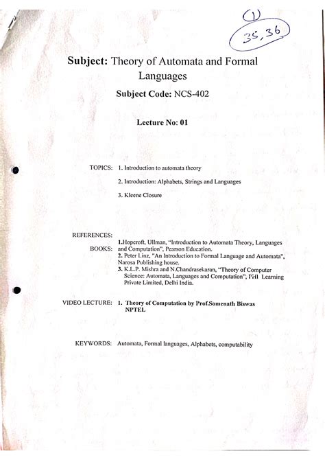 Lecture 1 2 (Unit - 1) - Theory Of Automata & Formal Languages - Studocu