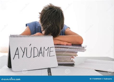 Tired Frustrated Boy Sitting at the Table with Many Books, Exercises ...