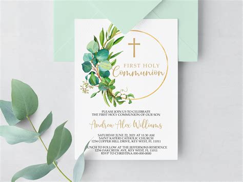 Greenery First Holy Communion Invitation EDITABLE Template | Etsy
