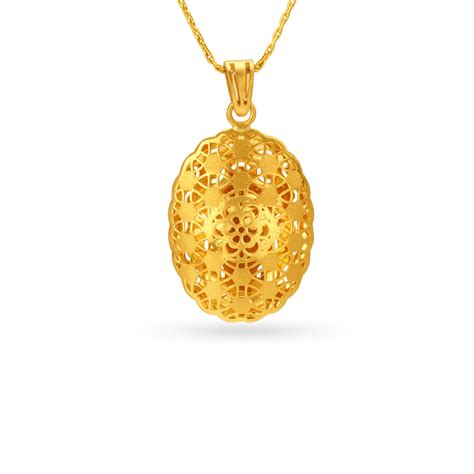 Oval Laser Cut Floral Pattern Gold Pendant