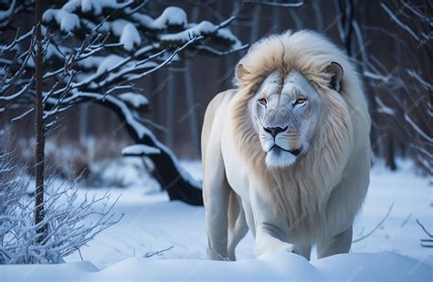 Premium AI Image | A white lion in the snow White lion standing in snow ...