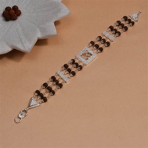 Rudraksha Silver Om in Diamond Square Triple Line Bracelet – Prinjal Jewels