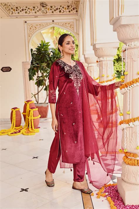 Wine Zari Embroidered Velvet Designer Straight Kurta Pant Set With Dup ...