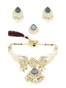 ZAVERI PEARLS Grey Stones Embellished Multistrand Pearls Choker Kundan ...