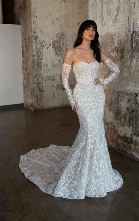 Luxe Sparkle Lace Fit-and-Flare Wedding Dress with Detachable Long Sleeves