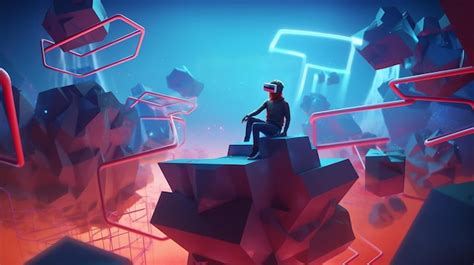 A man sits on a rock with a virtual reality glasses on. | Premium AI ...