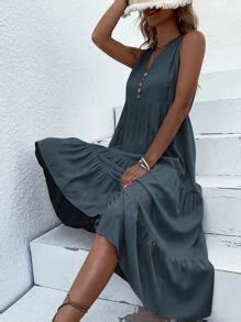 EMERY ROSE Button Detail Layered Hem Smock Dress Maxi Women Outfit ...