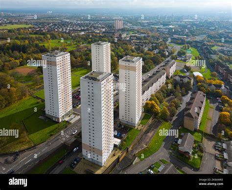 Aerial view of high rise blocks of flats at Springburn in Glasgow ...