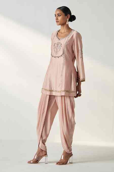 Buy Pink Chanderi, Linen Embroidery Pihu Damask Short Kurta With Tulip ...