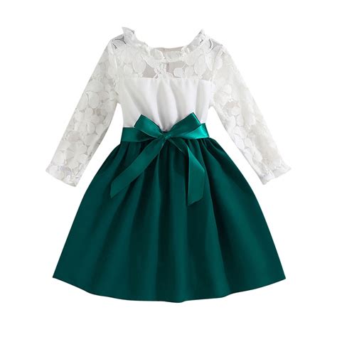 ZHUASHUM Girl Long Sleeve Dress Kid Lace Neck Floral High Waist Dress ...