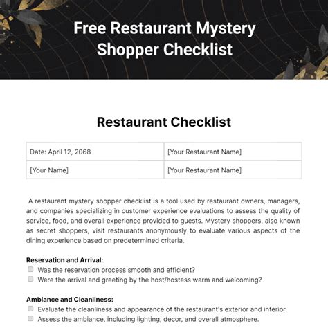 Free Restaurant Mystery Shopper Checklist Template to Edit Online