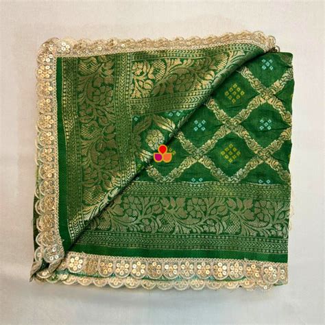 Bridal Nazneen Green Silk Banarsi Bandhej Zari Embroidered Dupatta ...