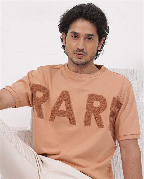 Rare Rabbit Mens Nor-2 Dusky Orange Loopback Terry Fabric Half Sleeves