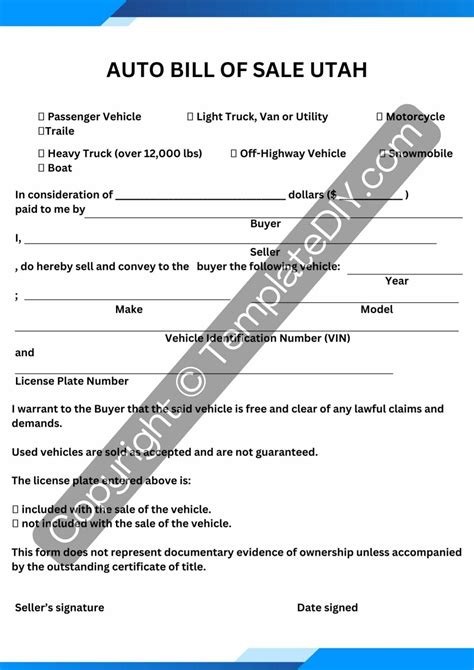 Auto Bill of Sale Utah [UT] Form Template Blank Printable