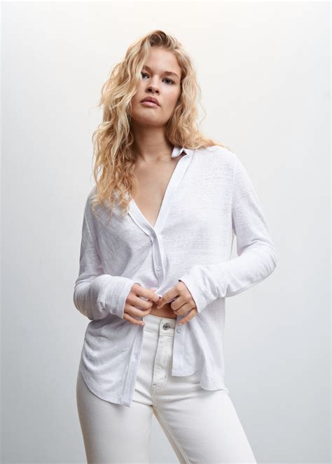 V-neck linen shirt - Women | MANGO OUTLET USA