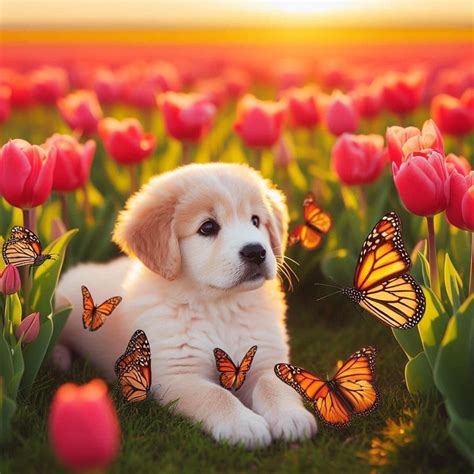 Adorable Puppy Surrounded by Tulips and Butterflies