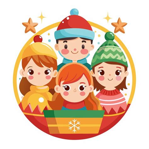 Cute cartoon kids in winter hats and scarves looking happy isolated on ...