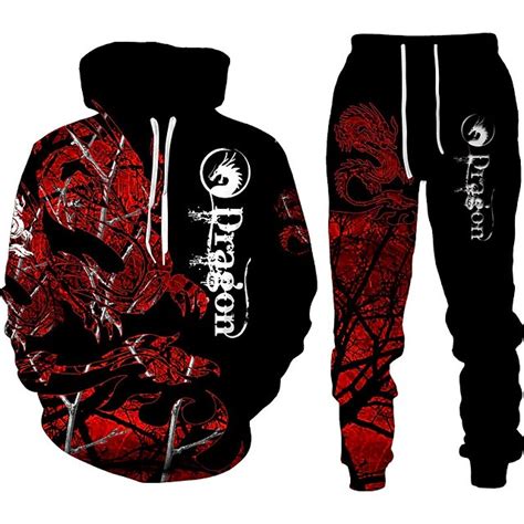 Men's Graphic Dragon 2pcs 3D Sweatshirt Sets Tracksuit Hoodies Long ...
