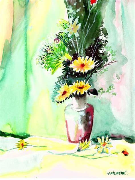 "Flower And Vase": Yellow Watercolor Painting by Anil Nene | ArtZolo.com